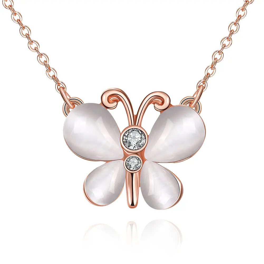 

AKN049 2016 New Fashion Rose Gold Color Cat's Eye/Opal & Crystal Butterfly Pendant Necklace For Women Party /Wedding
