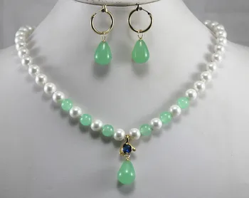 

Prett Lovely Women's Wedding engagement and party jewelry sets 8mm white shell pearl dotted with light green gem necklace match