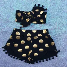 ; черные и Золотые шорты в горошек; короткие шорты с помпонами для маленьких девочек; комплект с короткой повязкой на голову