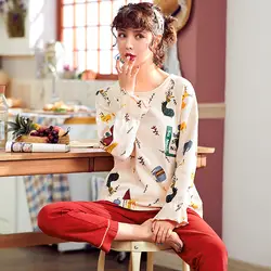 Весна и осень длинный рукав натуральный хлопок Женская домашняя одежда повседневные пижамы для ОТДЫХА костюм