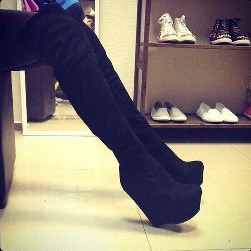 black thigh high wedge boots