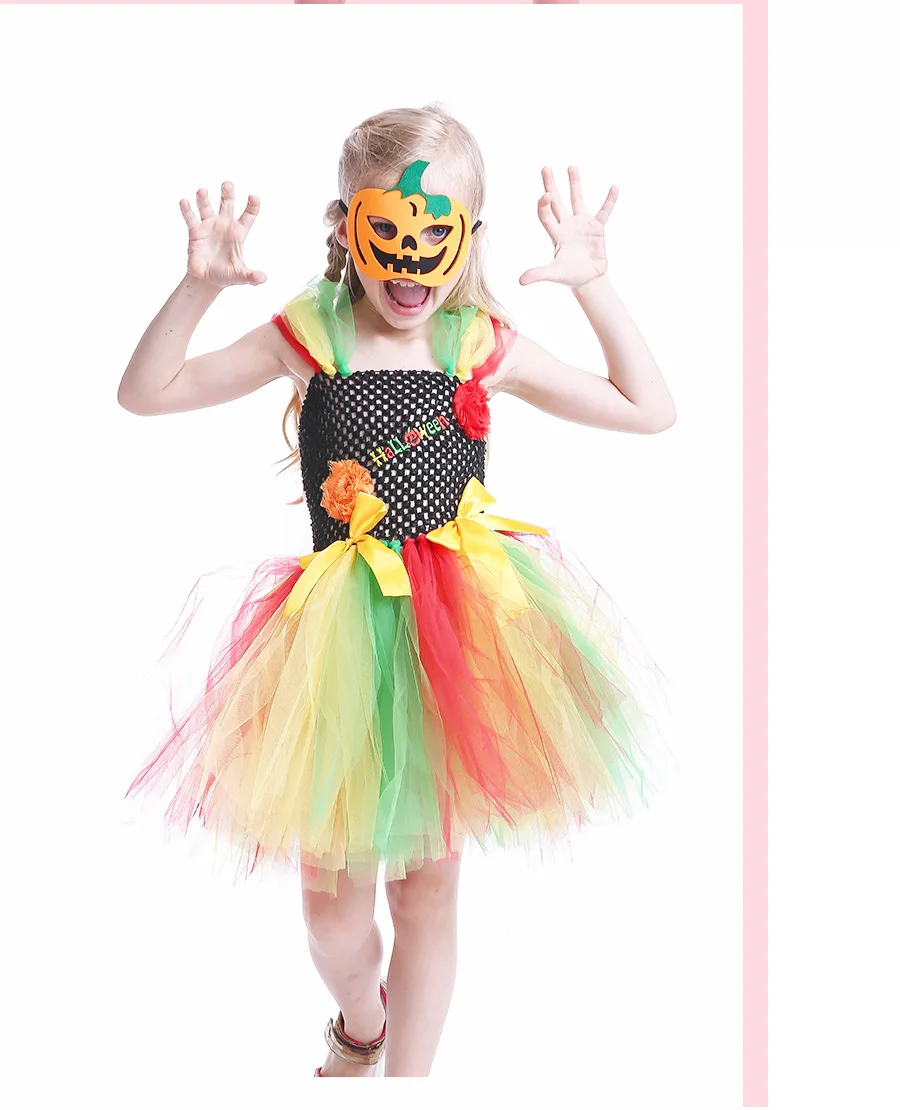Rainbow Style Girls Halloween Tutu Dress with Pumpkin Mask Handmade Kids Birthday Dress Baby Girl Cosplay Costume Vestidos (7)