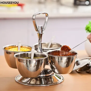 

Revolving 4-Bowl Condiment Set Stainless Steel Gravy Boats Seasoning Spice Salt Pepper Canister with Lids and Holde Kitchen Tool
