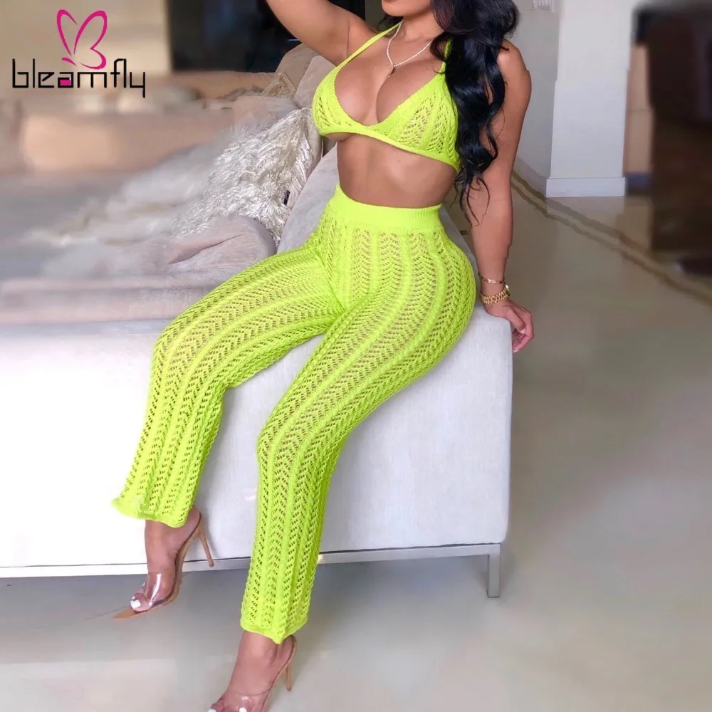 

Sexy Knitted Crochet Two Piece Sets Women Yellow Halter Sleeveless bra Top And Wide Leg Pants Beach Wear Club 2 Piece Outfits