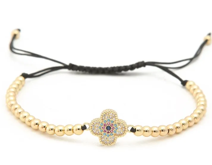 

gold silver micro pave cz Cubic Zirconia rope adjusted Copper Beads Bracelet clover hgr2 Charm Braided Bangles Women