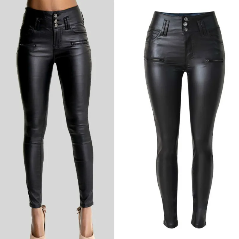 

High Waist Button Skinny Trousers Women Black Imitation Leather Slim Pencil Pants Femme England Push Up Sexy PU Coated Pantalon