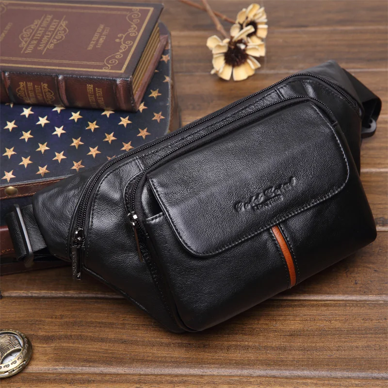 New genuine leather cowhide waist packs bags travel belt wallets mens