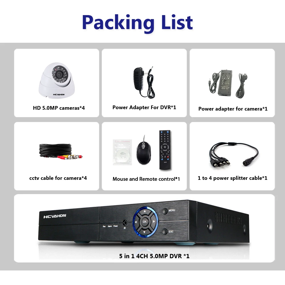 HCVAHDN  4CH 5MP HD Home Security Cameras System 5.0MP 2560*1920p 4Pcs Indoor Outdoor Dome CCTV Cameras Kit Easy Remote View P2P