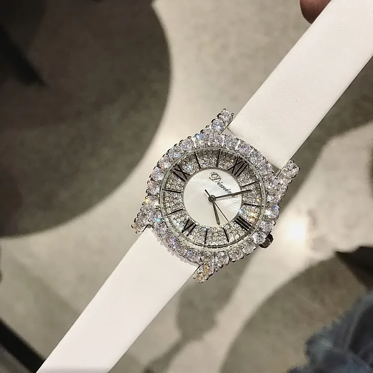 Топ бренд Роскошные Дизайнерские Брендовые женские часы с кожаным ремешком женские часы под платье латунный чехол женские кварцевые часы в римском стиле - Цвет: Big size-White