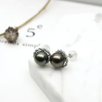 

Free Shipping Luminous 8-9mm Genuine Tahitian Black Green Pearl Stud Earrings 14k White Gold