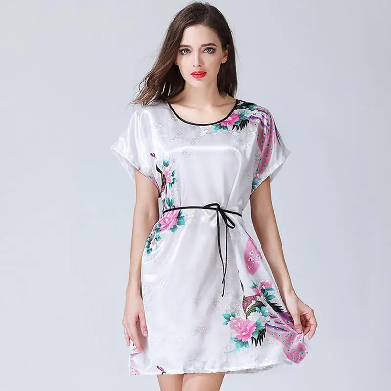 Модные женские летние мини халат Китайский для женщин Шелковый район ванной платье короткие юката Ночная рубашка пижамы Pijama Mujer один раз - Цвет: Белый