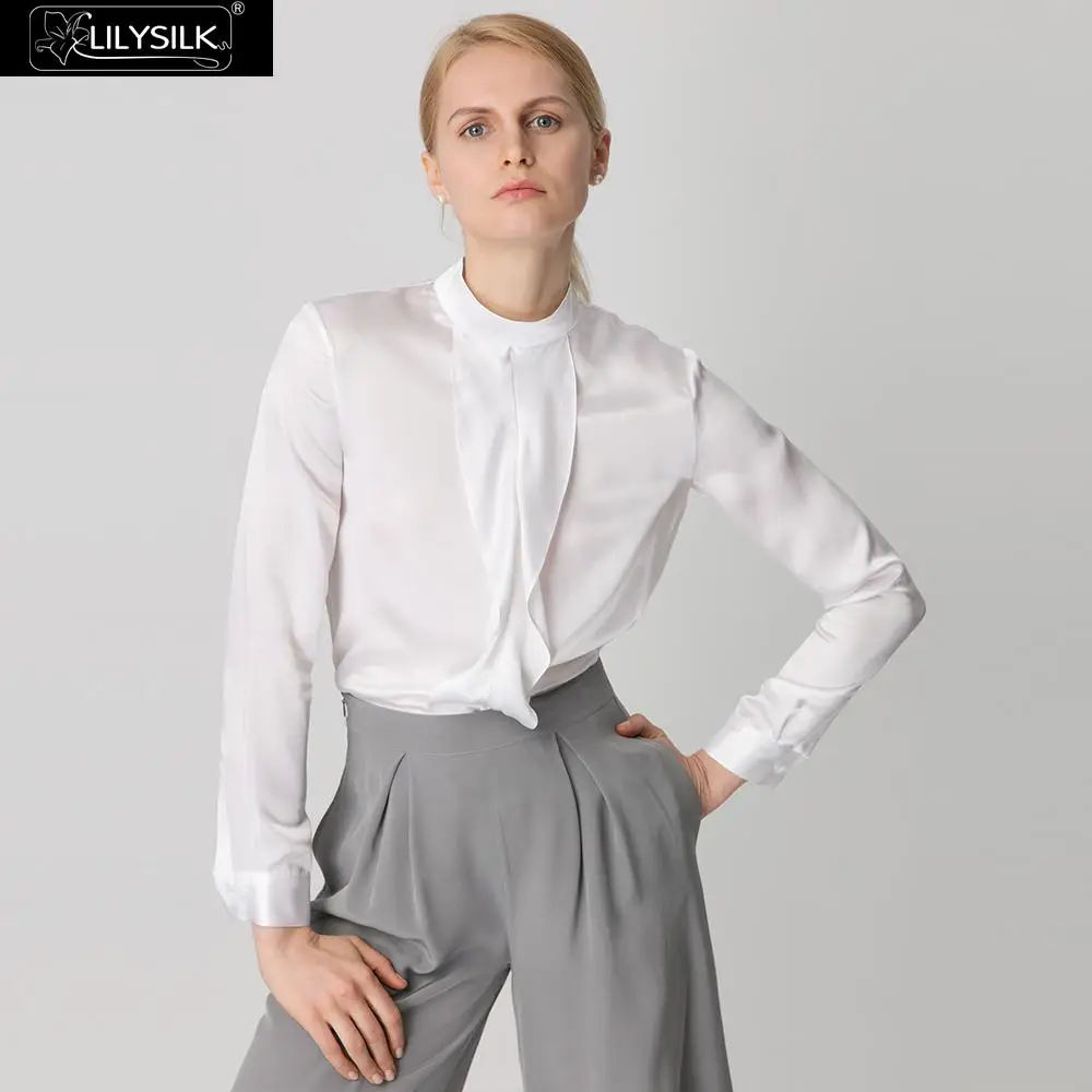 LilySilk блузка безграничный стиль варианты в шелковом стоячим воротником Дамы