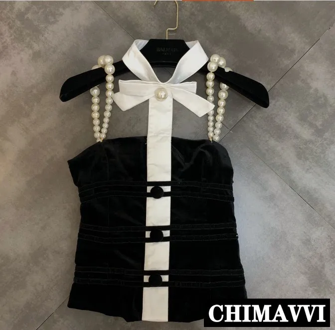 Summer Sexy Shirts Women 2019 New Bow Decoration Shoulder Strap Pearl Sexy Crop Top Lady Slim Blouse Blusas Tops