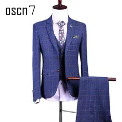 OSCN7 Королевский синий Клетчатый костюм Для мужчин Slim Fit индивидуальный заказ Бизнес Вечерние Нарядные Костюмы для свадьбы для Для мужчин 3