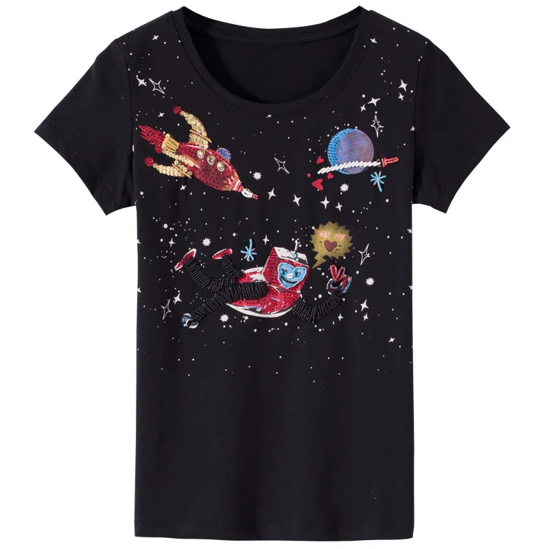 

2018 Fashion brand Short Sleeve T-shirts Plus Size Female T shirts sequined beaded space robot Print Top O-neck Women t shirt