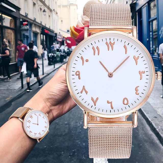Fashion Two Hands Rose Gold & Silver Arabic Numbers Watch Casual Women Stainless Fashion Two Hands Rose Gold & Silver Arabic Numbers Watch Casual Women Stainless