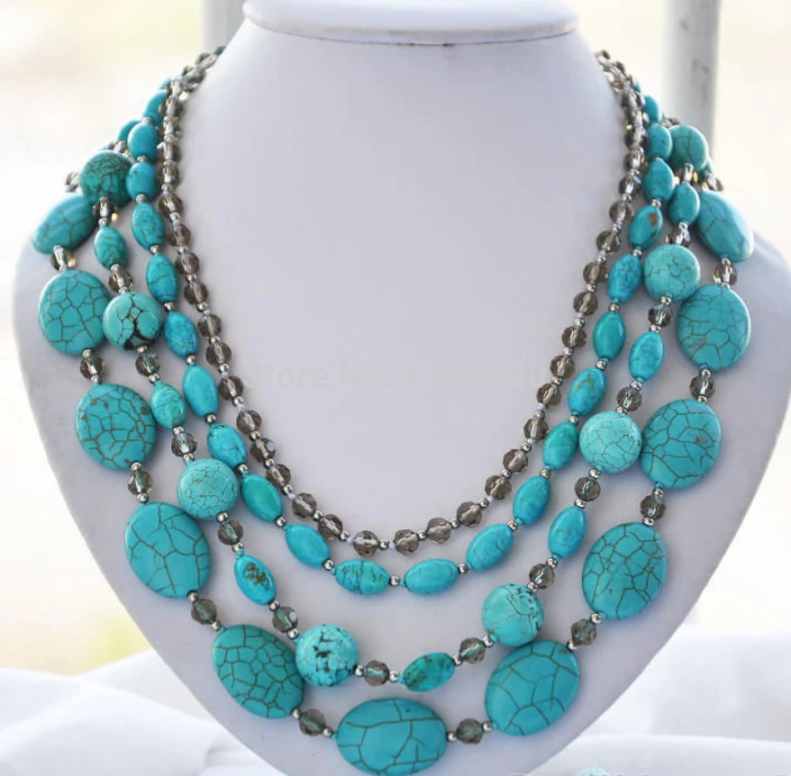

00450 4strands blue turquoise faceted smoky quartz bead necklace