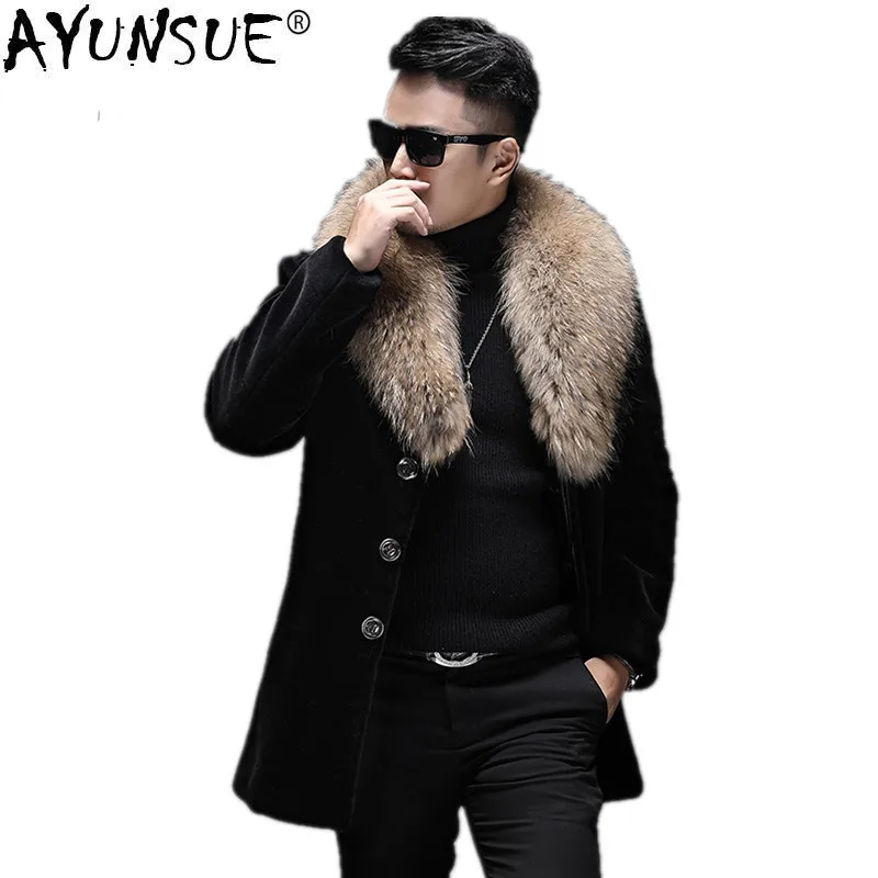 AYUNSUE Натуральная Овечья шерсть пальто зимняя куртка мужская енота меховой воротник Длинные Куртки из натуральной шерсти пальто Chaqueta Hombre