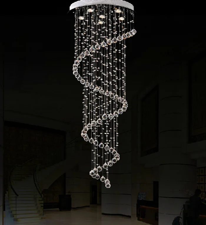 

Modern simple style led crystal long chandelier villa double staircase lights rotating living room hotel big hanging lights