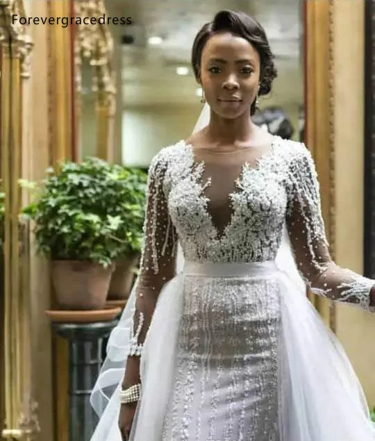New African Saudi Arabic Vintage Long Sleeve Wedding Dresses Beadings Appliques Sheer Neck Bride Wedding Gown With Removable Tulle Skirt  359 (7)