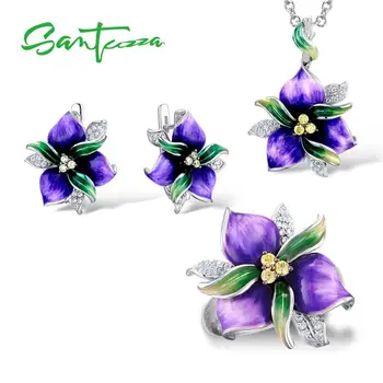 

SANTUZZA Jewelry Set For Women 925 Sterling Silver Purple Flower CZ Stones Ring Earrings Pendent Fashion Jewelry HANDMADE Enamel