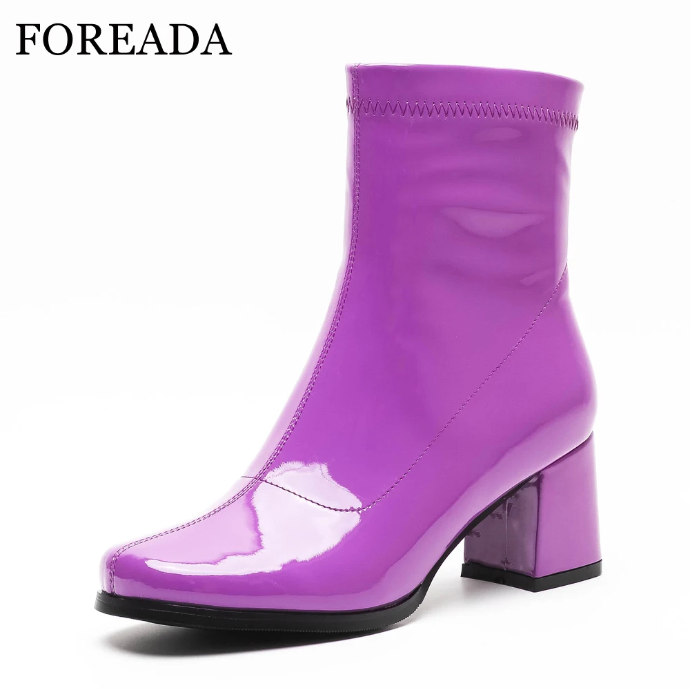 

FOREADA Winter Ankle Boots Women Thick High Heel Boots Square Toe Patent Leather Boots Fashion Autumn Ladies Shoes Black Purple