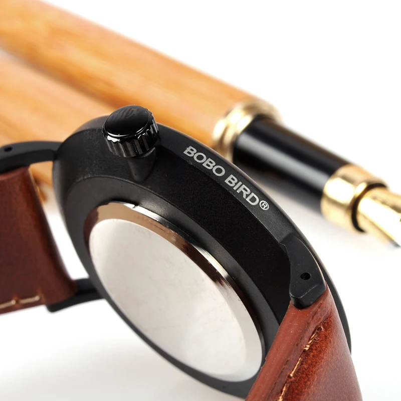 BOBO BIRD WE25 Mens Watch with Metal Case Wooden Dial Face Soft Leather Band Quartz Watches for Men Women