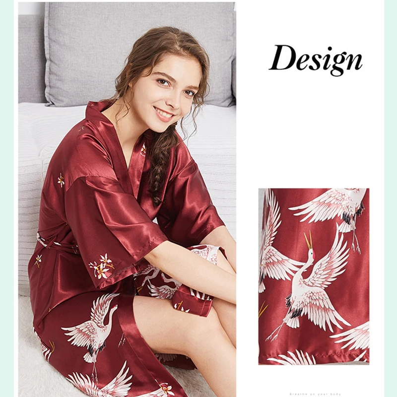

Women Sexy Pyjamas Set Long Rob Rayon Silk Cool Summer Female kimono Print Crane 2019 Top Fashion Home Sleepwear