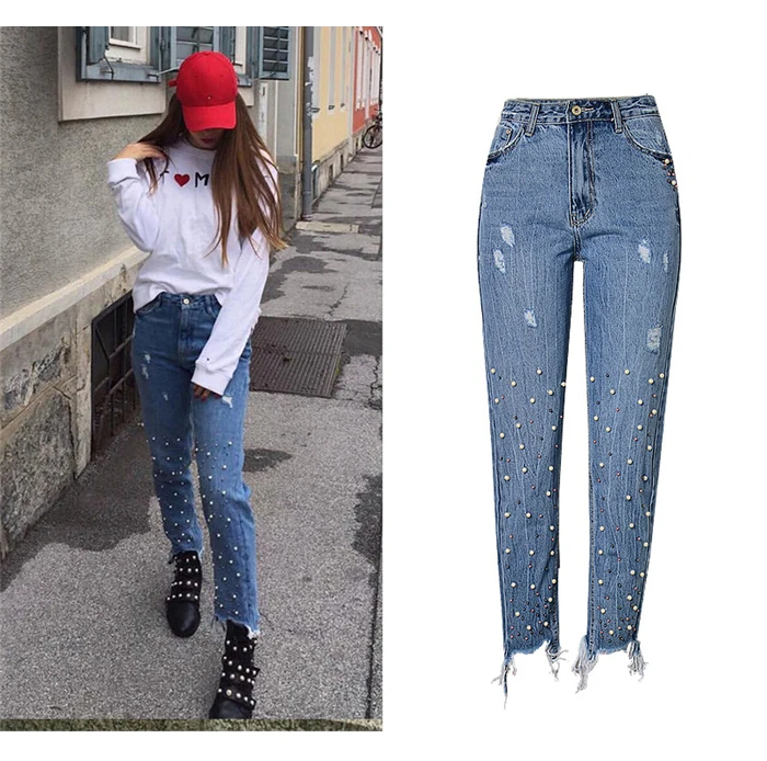 2017 fashion European and American women's high waist Slim straight pearl 3-color studs irregular feet tassel washed cowboy trousers (3)