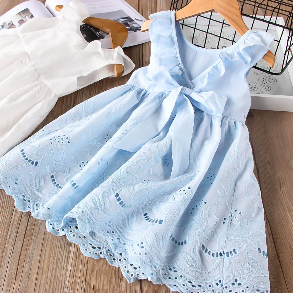 

Kids Dresses for Girls Baby Ruffles Drawstring Bow Clothes Children Embroidery Sleeveless Dresses Kids Clothes Crew Neck Dress