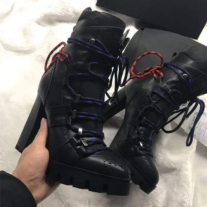 

Luxury Brand Botas Feminina Top A Quality Leather Cord Platform Boots Shoes Woman Lace Up Block High Heels Ankle Boot Wmen