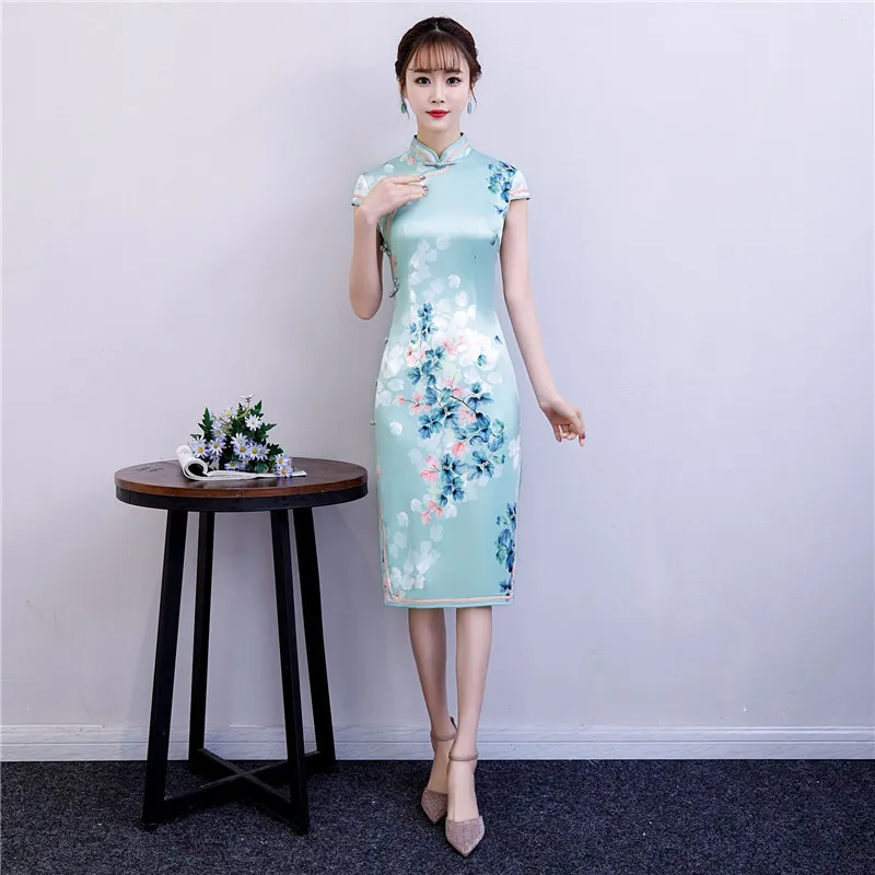 Красное китайское традиционное платье женское шелковое атласное Cheongsam винтажное Ципао летнее платье с коротким рукавом Вечерние Платья с цветочным принтом размера плюс