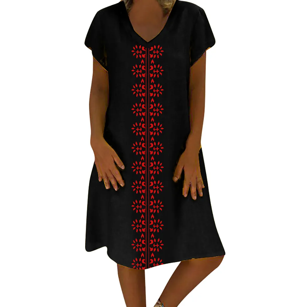 JAYCOSIN новое летнее женское платье размера плюс Стиль с v-образным вырезом с принтом из хлопка и льна с Повседневное размера плюс Пляжное платье 903211 - Цвет: Черный