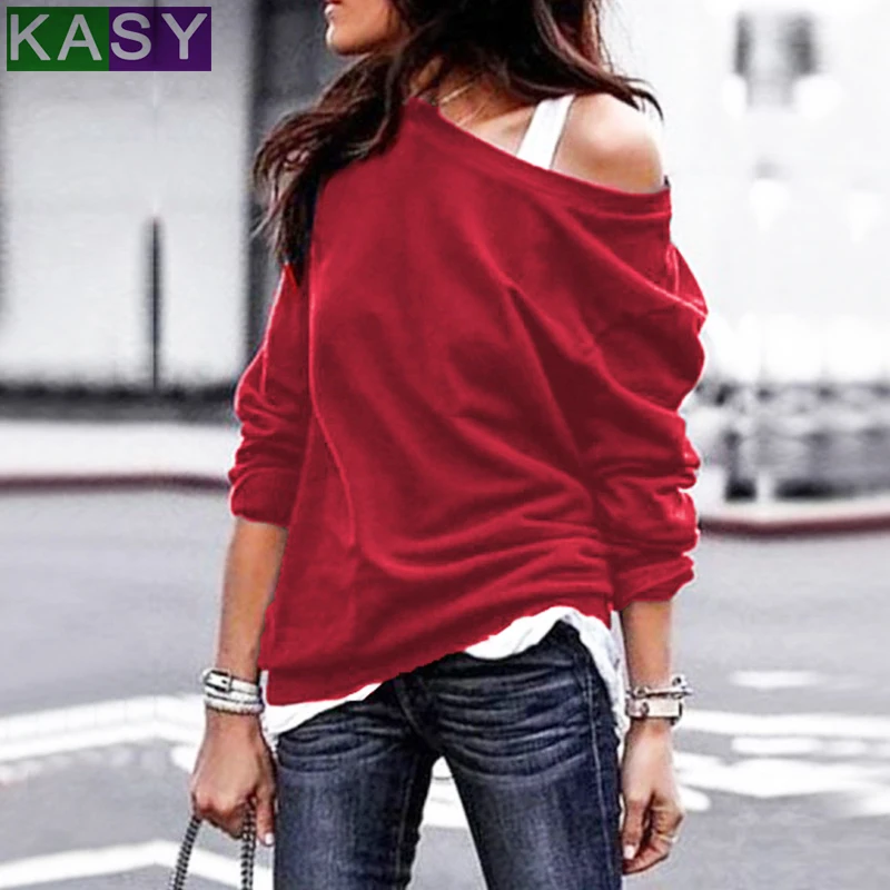 

Autumn Winter Women Pullovers Tops Casual One Shoulder O Neck Solid Long Sleeve Women Hoodies Female Sexy Loose Sweatshirts
