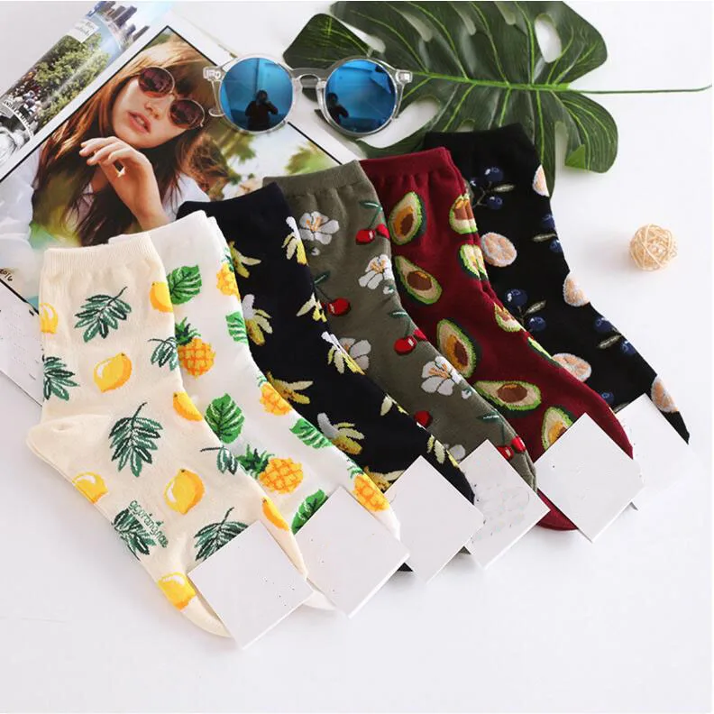 

2018 Print Fresh Fruits Socks Banana Lemon Avocado Cherry Blueberry Orange Gardenias Flamingos Plumerias Scoks Women