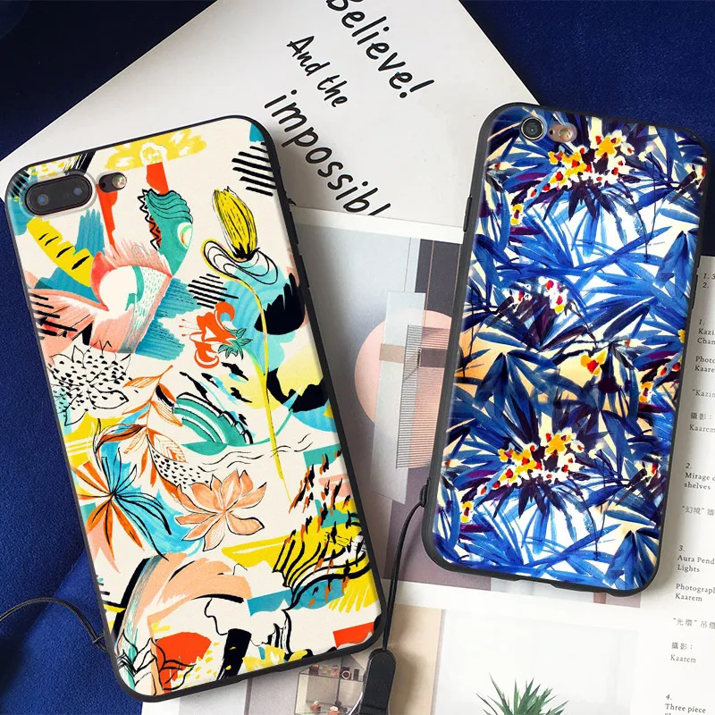 

Abstract Colorful blue Floral Leafs Soft Silicone Phone Case Cover Shell For Apple IPhone 6 6S 6Plus 6sPlus 7 7Plus 8 8Plus X