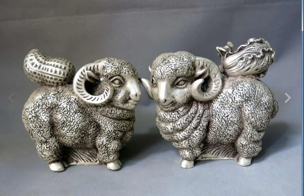 

67110357+++China silver carved Feng Shui lucky cabbage peanut sheep pair sculpture Statues