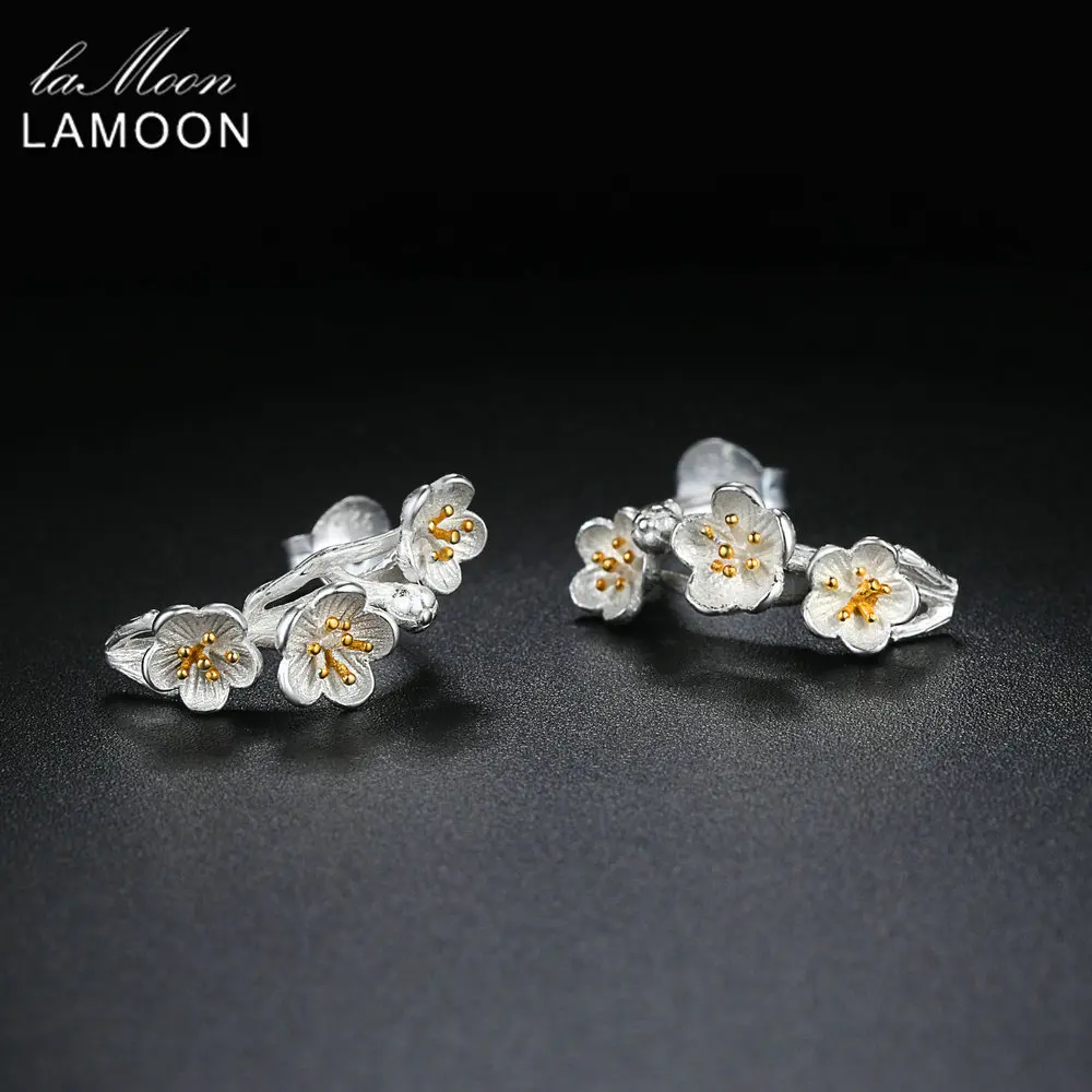 LAMOON Pure 925 Silver Stud Earrings For Women 2 Colors Flower Fine Jewelry Silver & Yellow Romantic Cute Girl Gift EY242