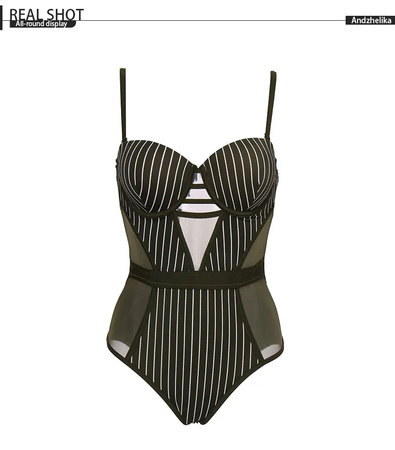 Andzhelika Stripe One-piece Swimsuit New Sexy Mesh Swimwear Backless Bodysuits Summer Beach Bathing Suit Monokini AK75140