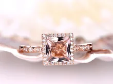 MYRAY Natural Pink Morganite Engagement Ring 6.5mm Princess Cut Gemstone Diamond 14k Rose Gold Wedding Rings Anniversary Gift