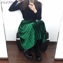 ELEXS Autumn Winter Fashion Skirt High Waist Velvet Pleated Skirt Women Solid Elastic Waist Spring Long Skirt Female E7953