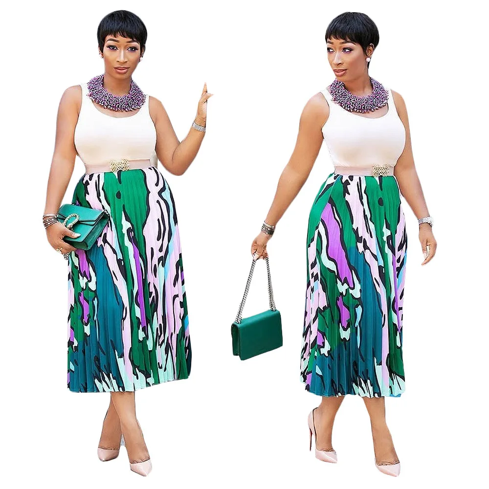 

Polyester-cotton Blended Casual Digital Print A-line Midi Skirt. Three High-waisted Pleated Skirts. Summer Leisure