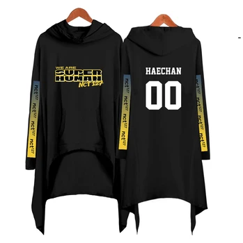 

NCT 127 Printed Letter Long Hoodies Women Long Sleeve Irregular Hem Pocket Sweatshirt Female Plus Size Pullover Tops Kpop Style