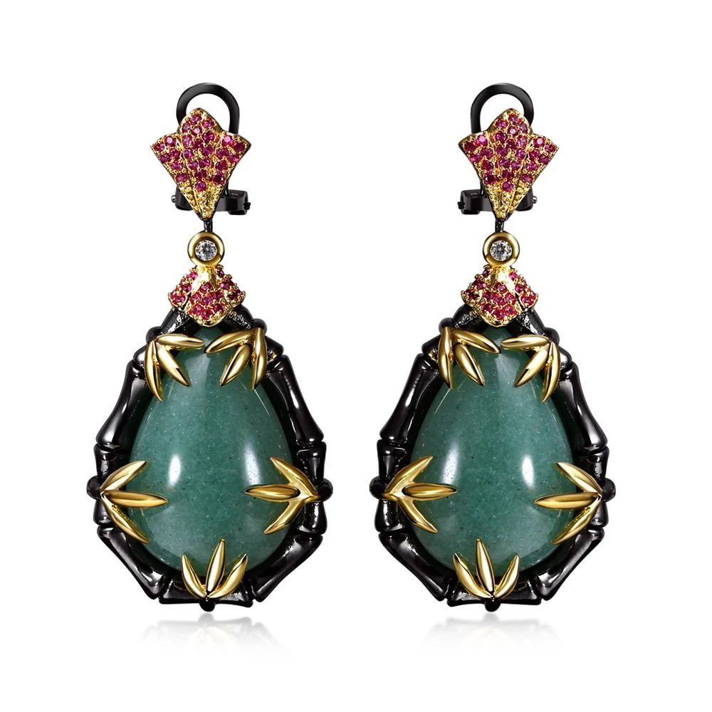 Metal Large Bamboo Big Vintage Statement Water Drop Earrings Women Accessories Big Green Stones and Red Cubic Zirconia Jewelry Metal Large Bamboo Big Vintage Statement Water Drop Earrings Women Accessories Big Green Stones and Red Cubic Zirconia Jewelry
