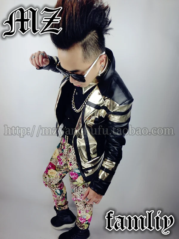 GD fm bigbang singer костюмы правый Zhilong стиль мужской бледно-золотой черный сценический для певца кожаный пиджак/s-xl