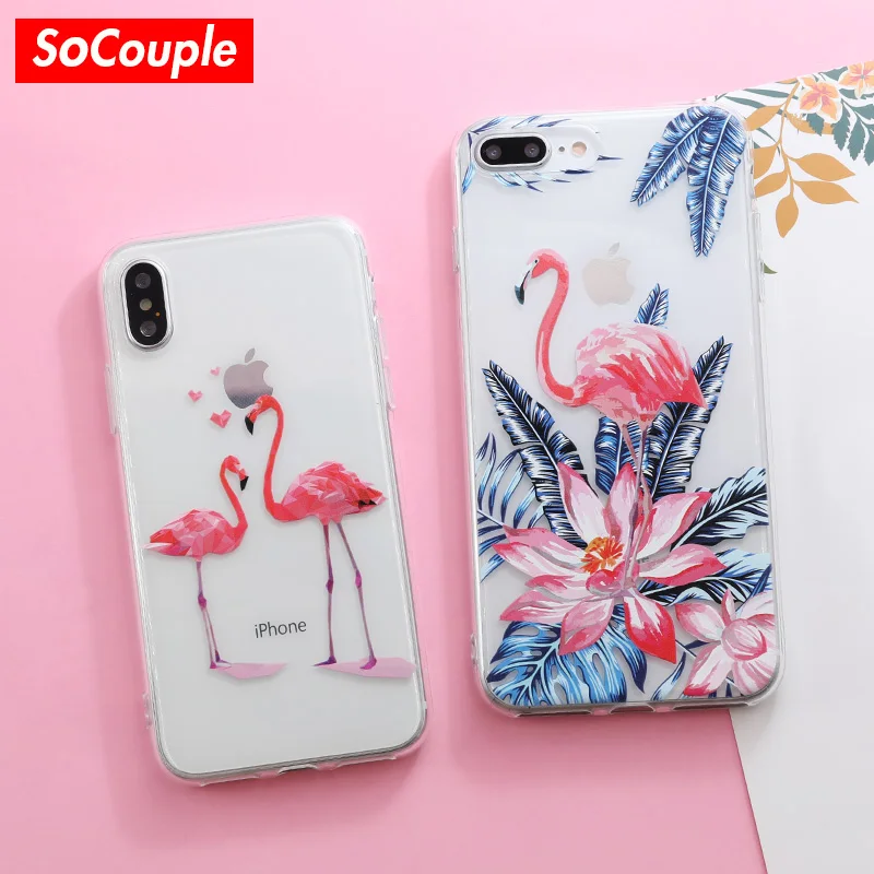 

SoCouple Flamingo Soft TPU phone case For iphone 7 8 6 6s Plus X Xs max XR Case Plants Flower Floral Relief Case Cover