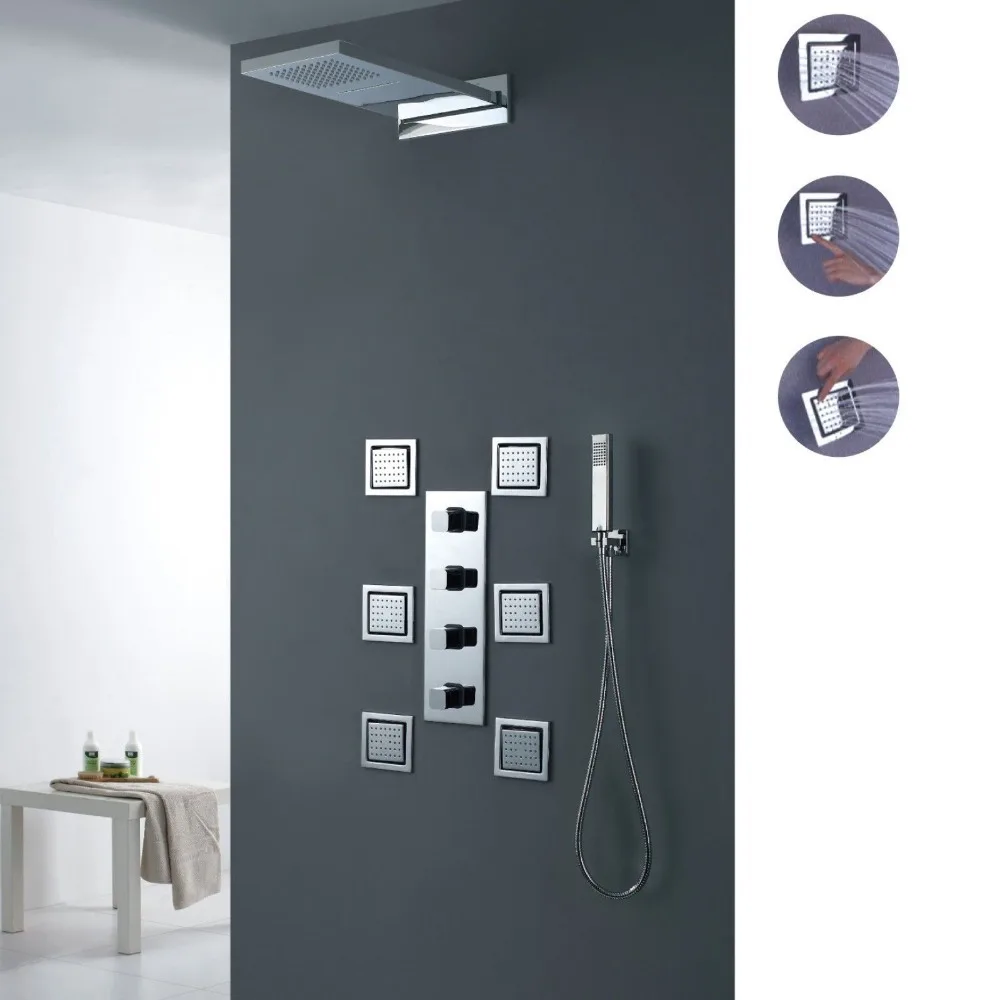 Modern Bathroom Wall Mounted Waterfall Rain Shower System with Body