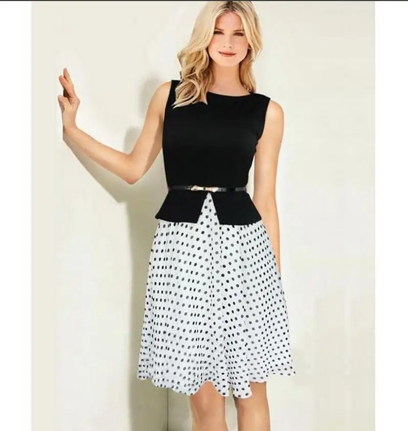 

Womens Vogue Elegant Colorblock Sleeveless Bowknot Wear To Work Business Casual Bodycon Sheath Dress Peplum Slim Dress New