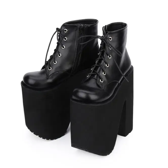 

Hot Selling Lolita Cosplay Short Boots for Woman 2019 Black Leather Punk Style Platform Thick Heels Riding Boots Lace-up Shoe