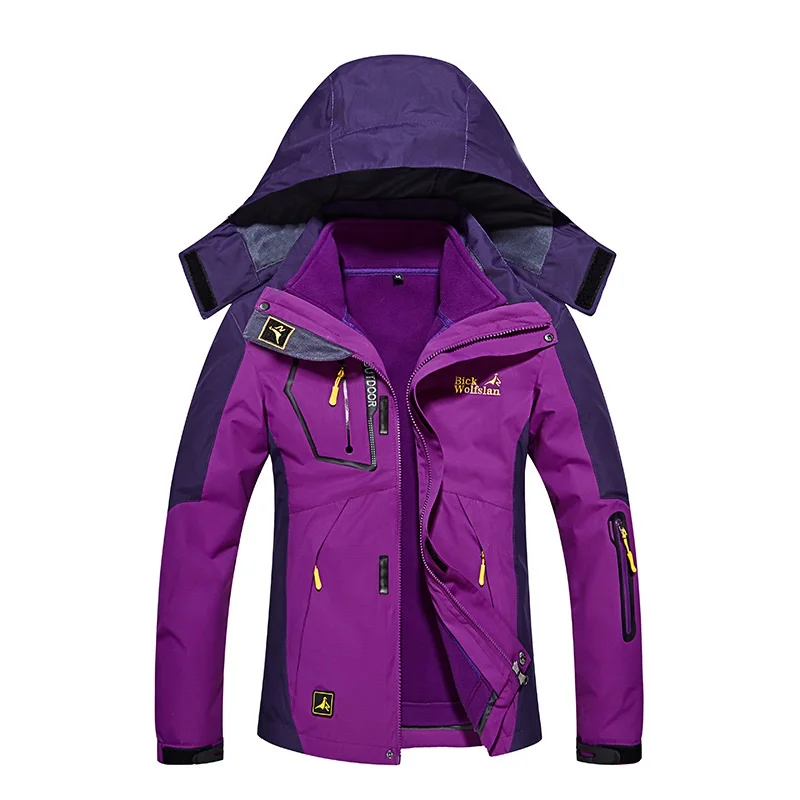 Зимние Водонепроницаемый ветрозащитный Пеший Туризм Куртка Для женщин Для мужчин флис открытый спортивные теплые Брендовые пальто 2 шт. Кемпинг походы Лыжный спорт куртка - Цвет: Women - Deep Purple